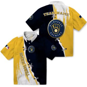 Customized Milwaukee Brewers Edgy Streaks Navy Blue White Hawaiian Shirt