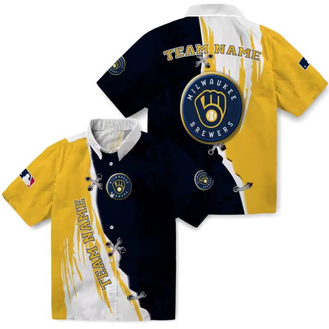 Customized Milwaukee Brewers Edgy Streaks Navy Blue White Hawaiian Shirt