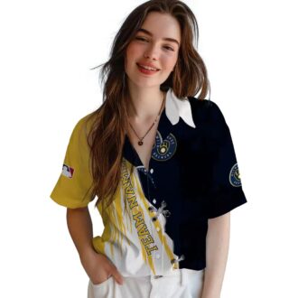 Customized Milwaukee Brewers Edgy Streaks Navy Blue White Hawaiian Shirt