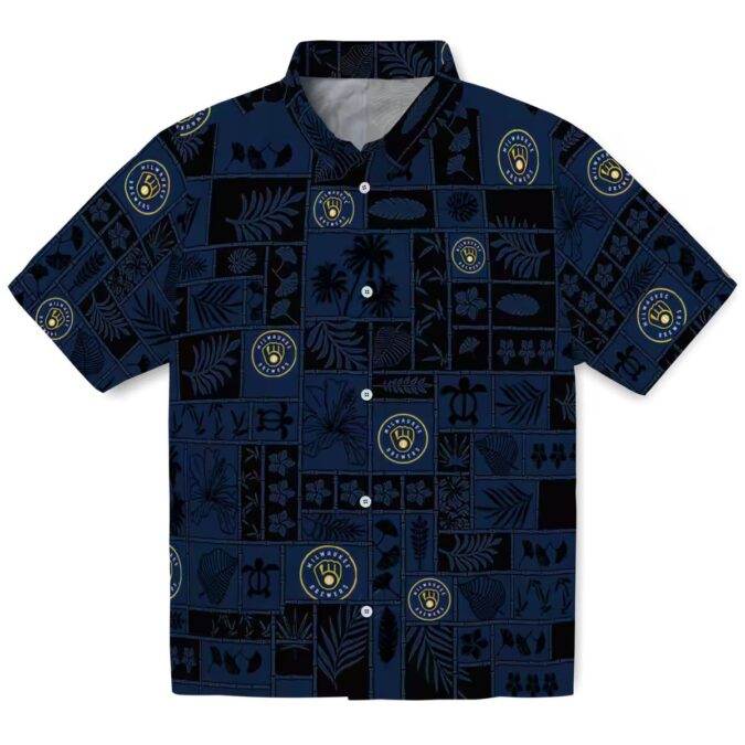 Milwaukee Brewers MLB Tropical Hawaiian Shirt - Navy Blue Black Floral Patchwork Shirt for Summer Parties