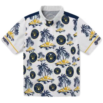 Milwaukee Brewers Palm Print Hawaiian Shirt - Men’s Navy Blue MLB Apparel
