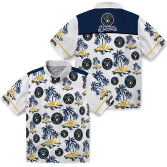 Milwaukee Brewers Palm Print Hawaiian Shirt - Men’s Navy Blue MLB Apparel