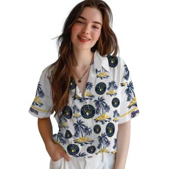 Milwaukee Brewers Palm Print Hawaiian Shirt - Men’s Navy Blue MLB Apparel