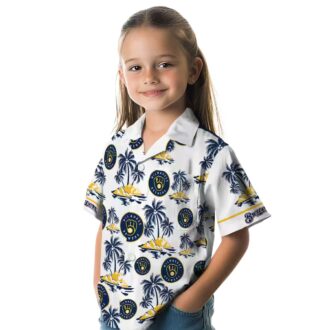 Milwaukee Brewers Palm Print Hawaiian Shirt - Men’s Navy Blue MLB Apparel