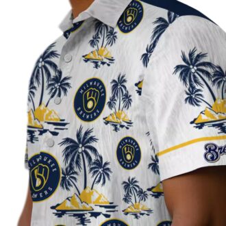 Milwaukee Brewers Palm Print Hawaiian Shirt - Men’s Navy Blue MLB Apparel