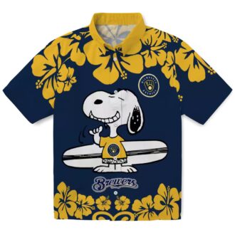 Milwaukee Brewers Snoopy Surf Hawaiian Shirt for Men - Navy Blue White MLB Aloha Beach Shirt 2025