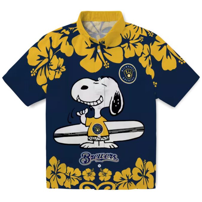 Milwaukee Brewers Snoopy Surf Hawaiian Shirt for Men - Navy Blue White MLB Aloha Beach Shirt 2025