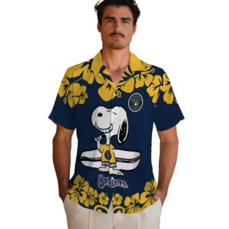 Milwaukee Brewers Snoopy Surf Hawaiian Shirt for Men - Navy Blue White MLB Aloha Beach Shirt 2025