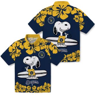 Milwaukee Brewers Snoopy Surf Hawaiian Shirt for Men - Navy Blue White MLB Aloha Beach Shirt 2025