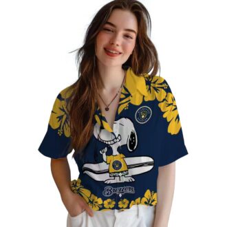 Milwaukee Brewers Snoopy Surf Hawaiian Shirt for Men - Navy Blue White MLB Aloha Beach Shirt 2025