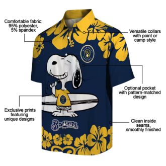 Milwaukee Brewers Snoopy Surf Hawaiian Shirt for Men - Navy Blue White MLB Aloha Beach Shirt 2025