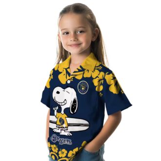 Milwaukee Brewers Snoopy Surf Hawaiian Shirt for Men - Navy Blue White MLB Aloha Beach Shirt 2025