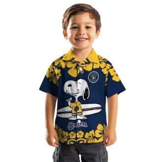 Milwaukee Brewers Snoopy Surf Hawaiian Shirt for Men - Navy Blue White MLB Aloha Beach Shirt 2025