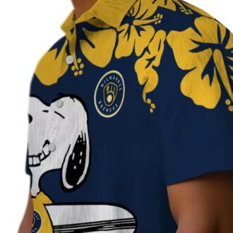 Milwaukee Brewers Snoopy Surf Hawaiian Shirt for Men - Navy Blue White MLB Aloha Beach Shirt 2025