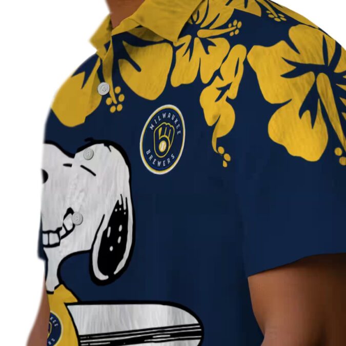 Milwaukee Brewers Snoopy Surf Hawaiian Shirt for Men - Navy Blue White MLB Aloha Beach Shirt 2025