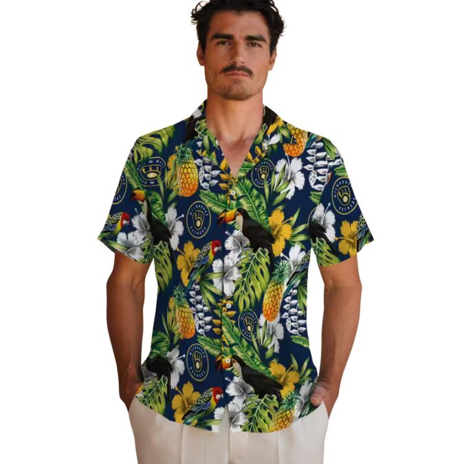 Milwaukee Brewers Toucan Print Hawaiian Shirt - Navy Green MLB Baseball Summer Shirt