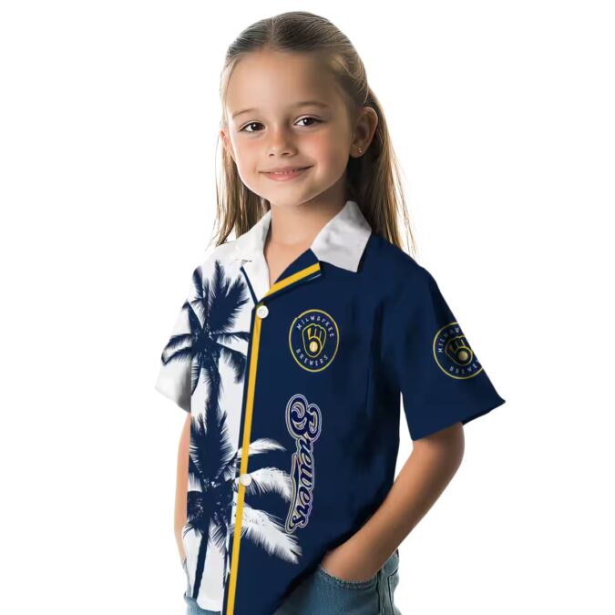 Milwaukee Brewers Tropical Floral Shirt - Navy Palm Tree Hawaiian Look for MLB Fans & Travel