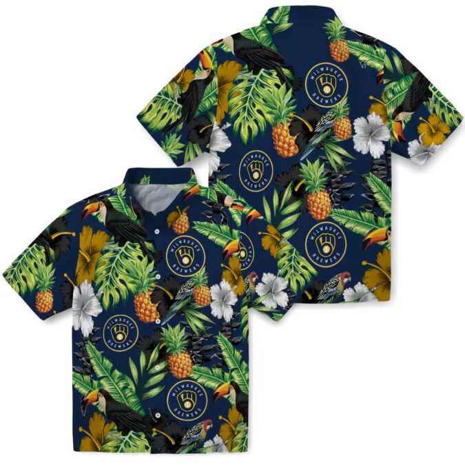 Milwaukee Brewers Tropical Toucan Hawaiian Shirt - Navy Blue Pineapple Aloha Fanwear