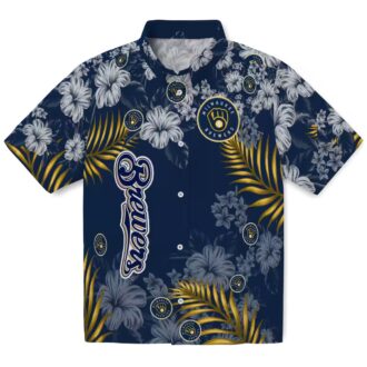 MLB Milwaukee Brewers Floral Aloha Button Up Shirt - Navy Blue Hawaiian Hibiscus Summer Look