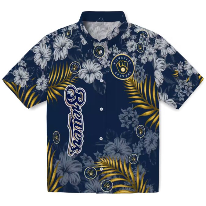 MLB Milwaukee Brewers Floral Aloha Button Up Shirt - Navy Blue Hawaiian Hibiscus Summer Look