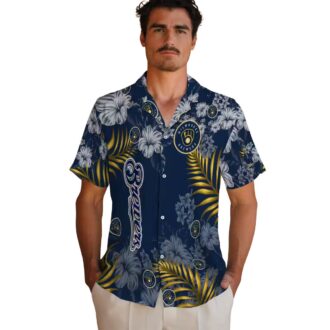 MLB Milwaukee Brewers Floral Aloha Button Up Shirt - Navy Blue Hawaiian Hibiscus Summer Look