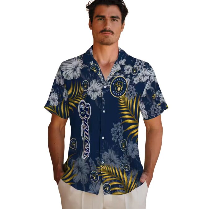 MLB Milwaukee Brewers Floral Aloha Button Up Shirt - Navy Blue Hawaiian Hibiscus Summer Look