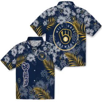 MLB Milwaukee Brewers Floral Aloha Button Up Shirt - Navy Blue Hawaiian Hibiscus Summer Look