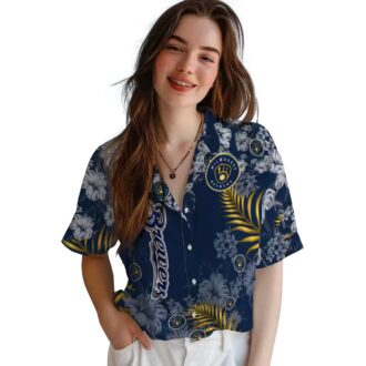 MLB Milwaukee Brewers Floral Aloha Button Up Shirt - Navy Blue Hawaiian Hibiscus Summer Look