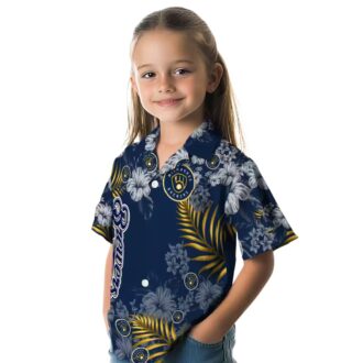 MLB Milwaukee Brewers Floral Aloha Button Up Shirt - Navy Blue Hawaiian Hibiscus Summer Look
