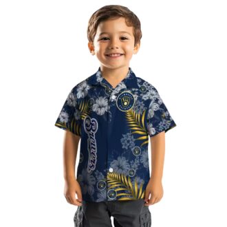 MLB Milwaukee Brewers Floral Aloha Button Up Shirt - Navy Blue Hawaiian Hibiscus Summer Look