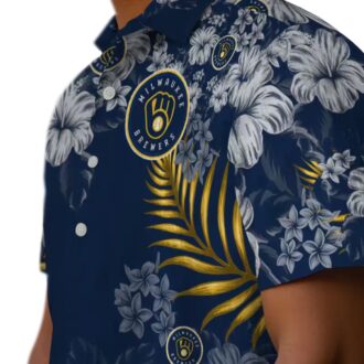 MLB Milwaukee Brewers Floral Aloha Button Up Shirt - Navy Blue Hawaiian Hibiscus Summer Look