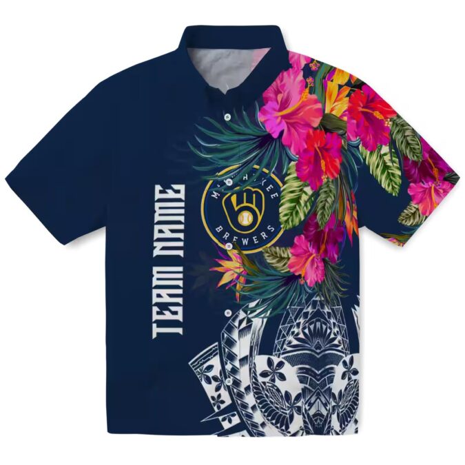 MLB Milwaukee Brewers Hawaiian Shirt - Navy Blue Floral Aloha for Men
