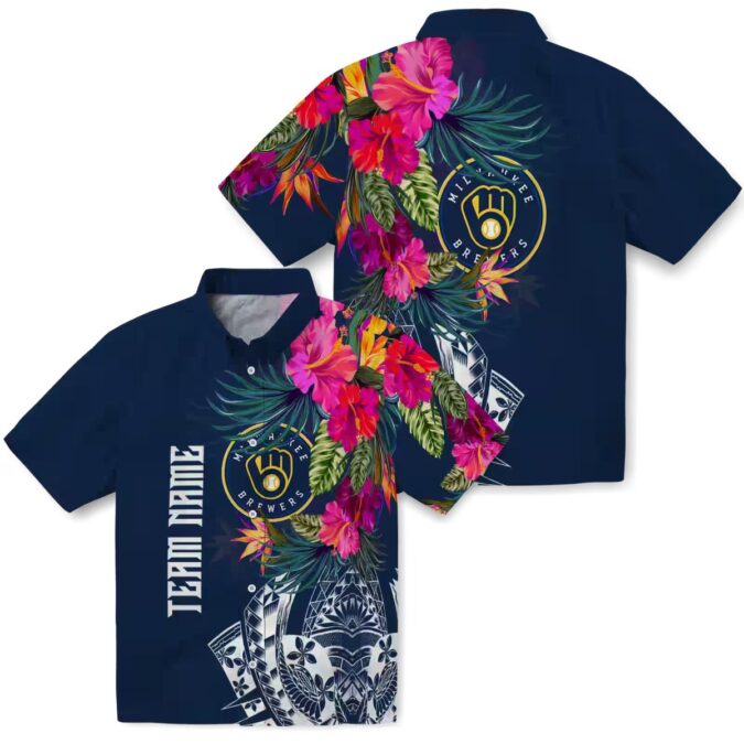 MLB Milwaukee Brewers Hawaiian Shirt - Navy Blue Floral Aloha for Men