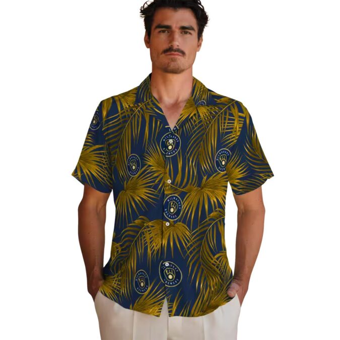 MLB Milwaukee Brewers Summer Vacation Shirt - Leafy Palms Navy Blue Design
