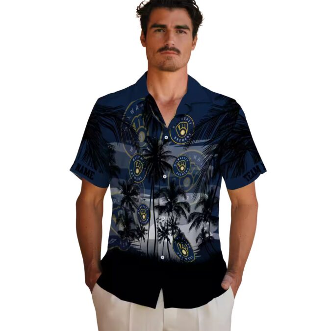 Navy Blue Brewers Sunset Hawaiian Shirt - Custom Aloha Shirt for Milwaukee Baseball Fans