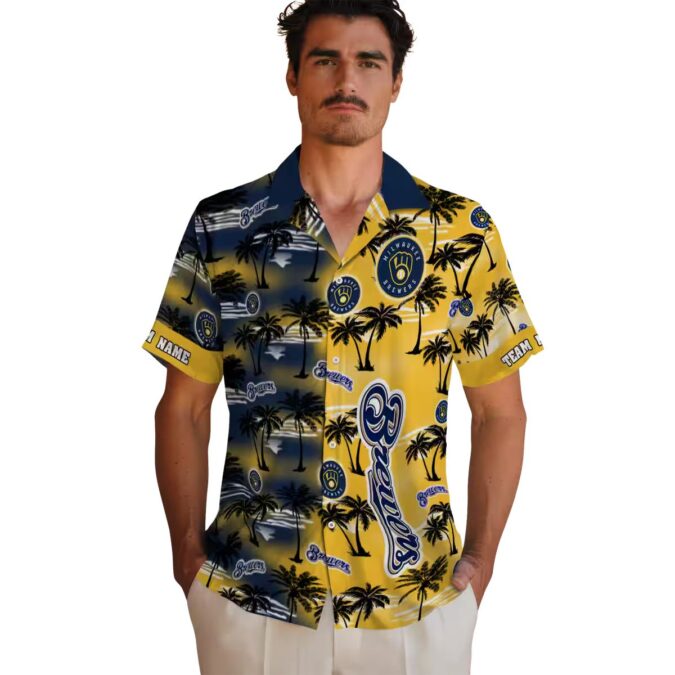 Navy Blue Milwaukee Brewers Hawaiian Shirt - Palm Tree MLB Summer Button-Up