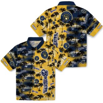 Navy Blue Milwaukee Brewers Hawaiian Shirt - Palm Tree MLB Summer Button-Up