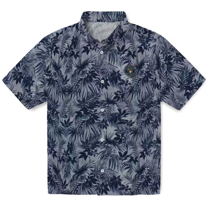 Official Milwaukee Brewers Leaf Pattern Hawaiian Shirt - MLB Navy Blue Gear