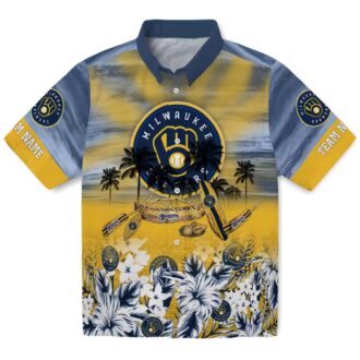 Official Milwaukee Brewers Navy Blue Hawaiian Shirt - Tropical Canoe & Floral Print for Summer