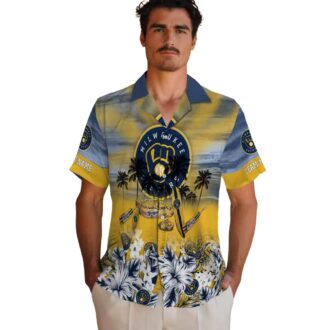 Official Milwaukee Brewers Navy Blue Hawaiian Shirt - Tropical Canoe & Floral Print for Summer