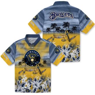 Official Milwaukee Brewers Navy Blue Hawaiian Shirt - Tropical Canoe & Floral Print for Summer