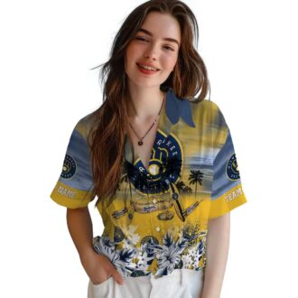 Official Milwaukee Brewers Navy Blue Hawaiian Shirt - Tropical Canoe & Floral Print for Summer