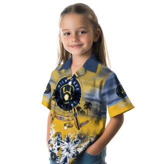 Official Milwaukee Brewers Navy Blue Hawaiian Shirt - Tropical Canoe & Floral Print for Summer