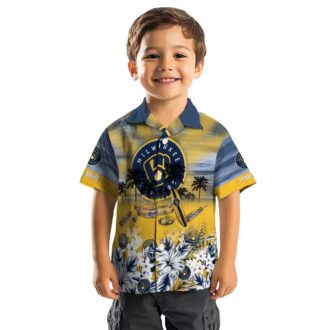 Official Milwaukee Brewers Navy Blue Hawaiian Shirt - Tropical Canoe & Floral Print for Summer