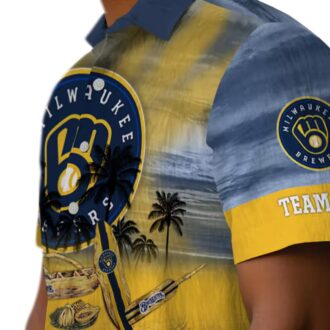 Official Milwaukee Brewers Navy Blue Hawaiian Shirt - Tropical Canoe & Floral Print for Summer