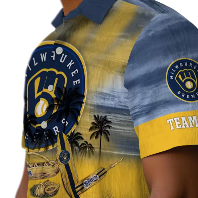 Official Milwaukee Brewers Navy Blue Hawaiian Shirt - Tropical Canoe & Floral Print for Summer
