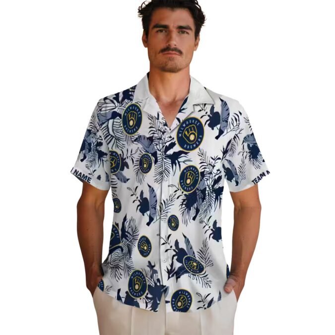 Personalized Milwaukee Brewers Aloha Shirt - Botanical Theme Navy Floral Vacation Wear