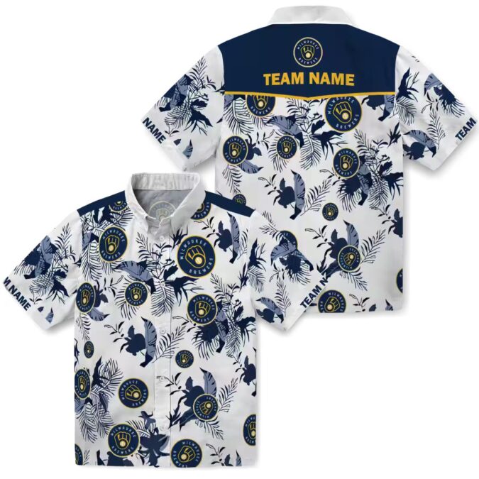 Personalized Milwaukee Brewers Aloha Shirt - Botanical Theme Navy Floral Vacation Wear