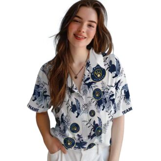 Personalized Milwaukee Brewers Aloha Shirt - Botanical Theme Navy Floral Vacation Wear