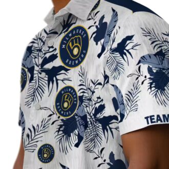 Personalized Milwaukee Brewers Aloha Shirt - Botanical Theme Navy Floral Vacation Wear